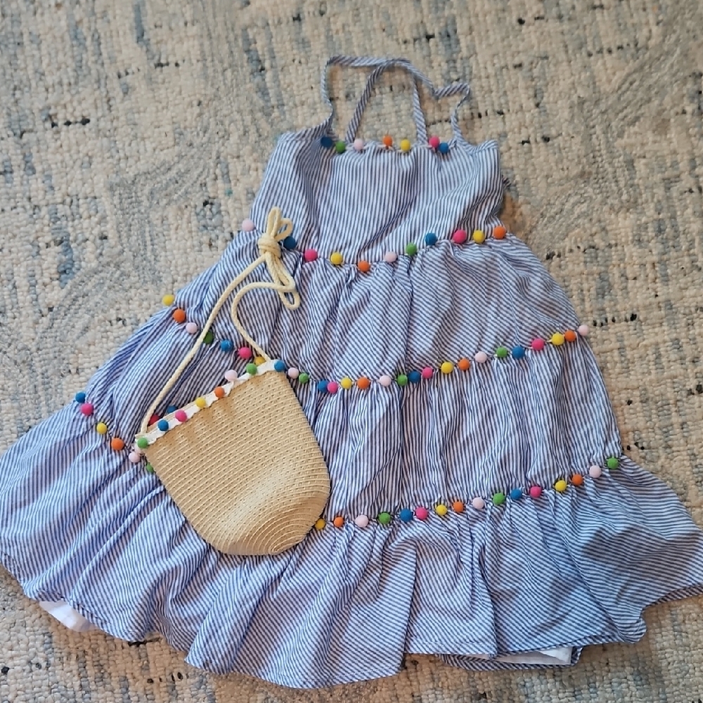 Striped Blue Kids Dress with Colorful Accents